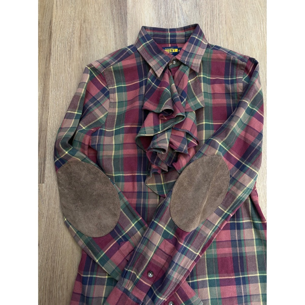 Ralph Lauren Rugby Plaid Ruffle Flannel Blouse Suede Elbow Patches 4 western - Picture 4 of 6